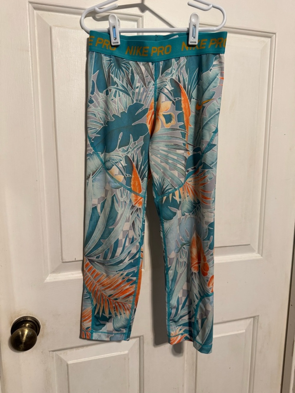 Nike Pro Teal Waistband Tropical Print Leggings with Orange Logo caprice size lg